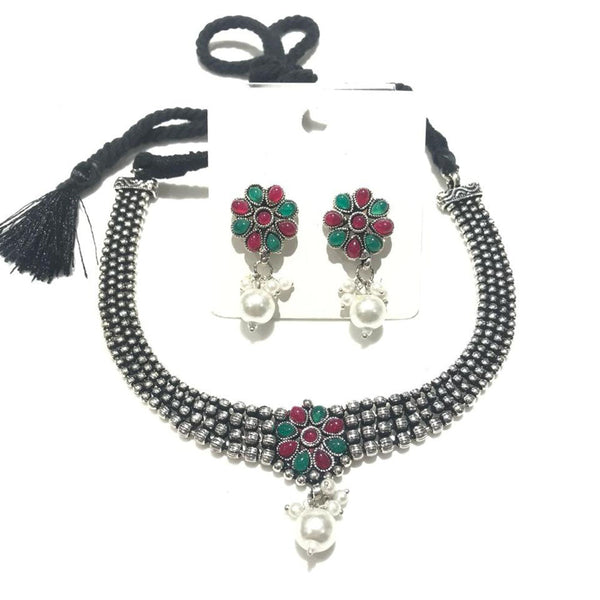 Shrisha Oxidised Plated Pota Stone Choker Necklace Set