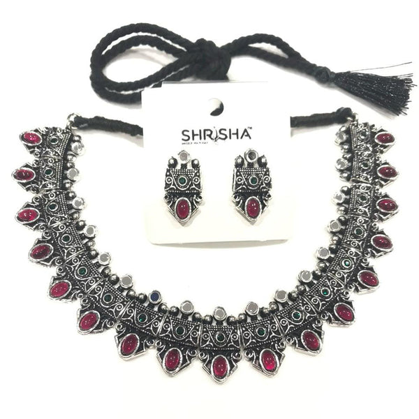 Shrisha Oxidised Plated Pota Stone Choker Necklace Set