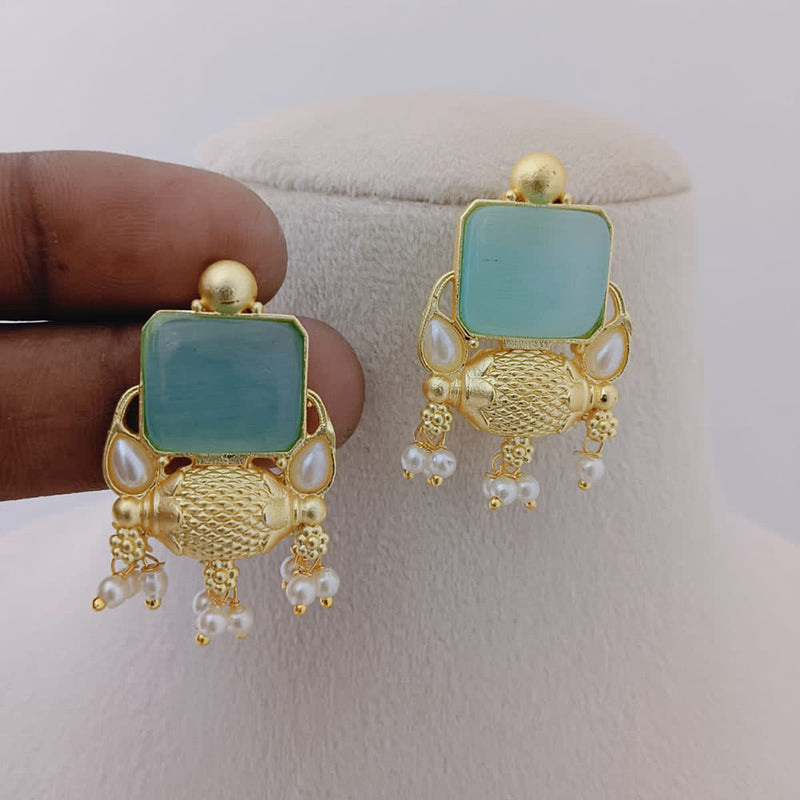 Marudhar Creations Gold Plated Matte Finish Pota Stone And Pearls Dangler Earrings