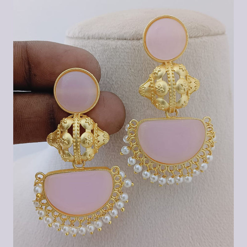 Marudhar Creations Gold Plated Matte Finish Pota Stone And Pearls Dangler Earrings