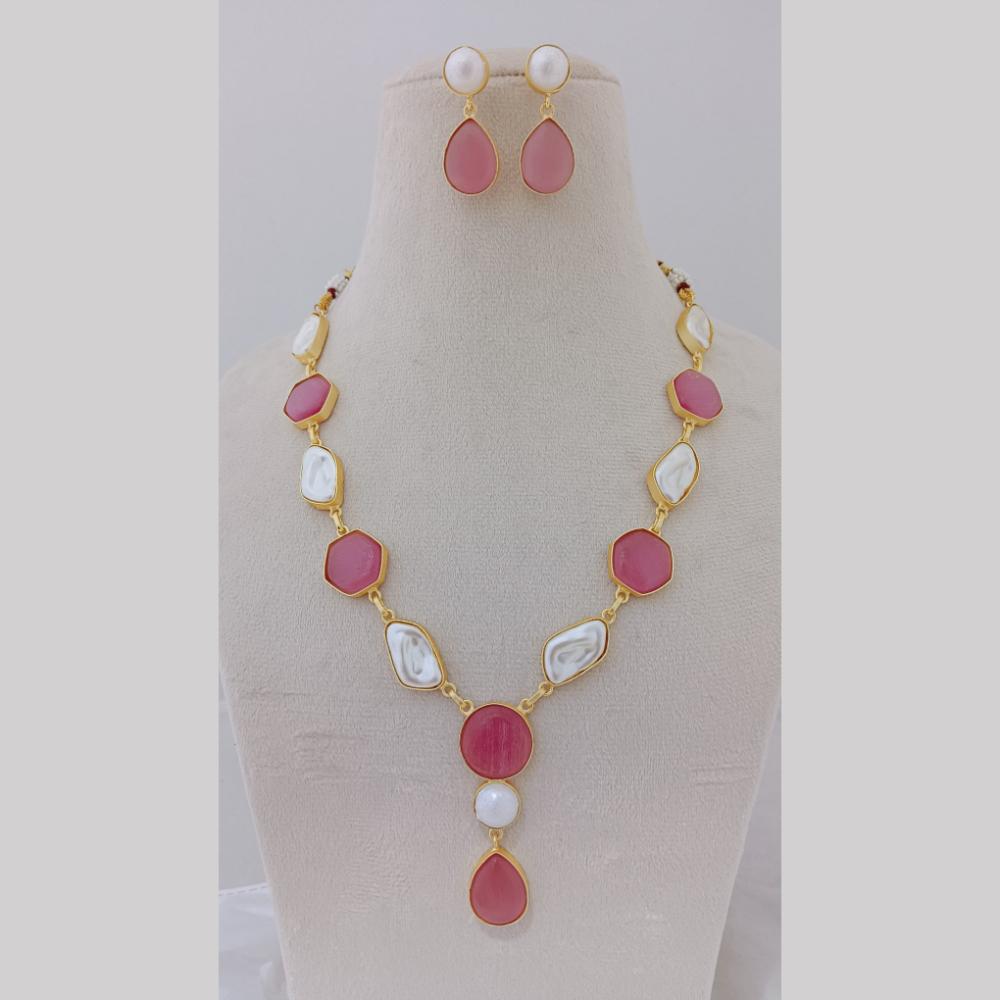 Marudhar Creations Gold Plated Matte Finish Pota Stone And Mother Of Pearls Necklace Set