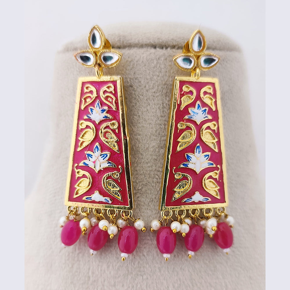 Marudhar Creations Royal Gold Matte Finish Kundan Stone And Pearl Meenakari Dangler Earrings