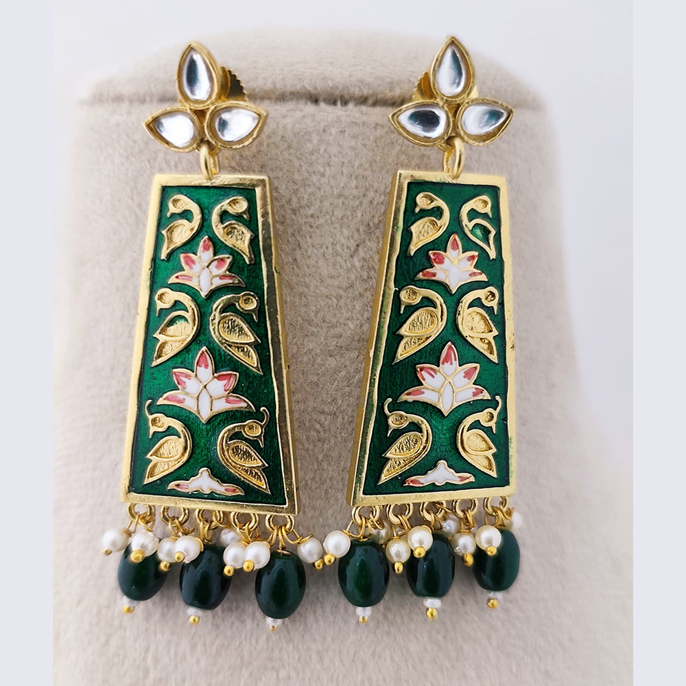 Marudhar Creations Royal Gold Matte Finish Kundan Stone And Pearl Meenakari Dangler Earrings