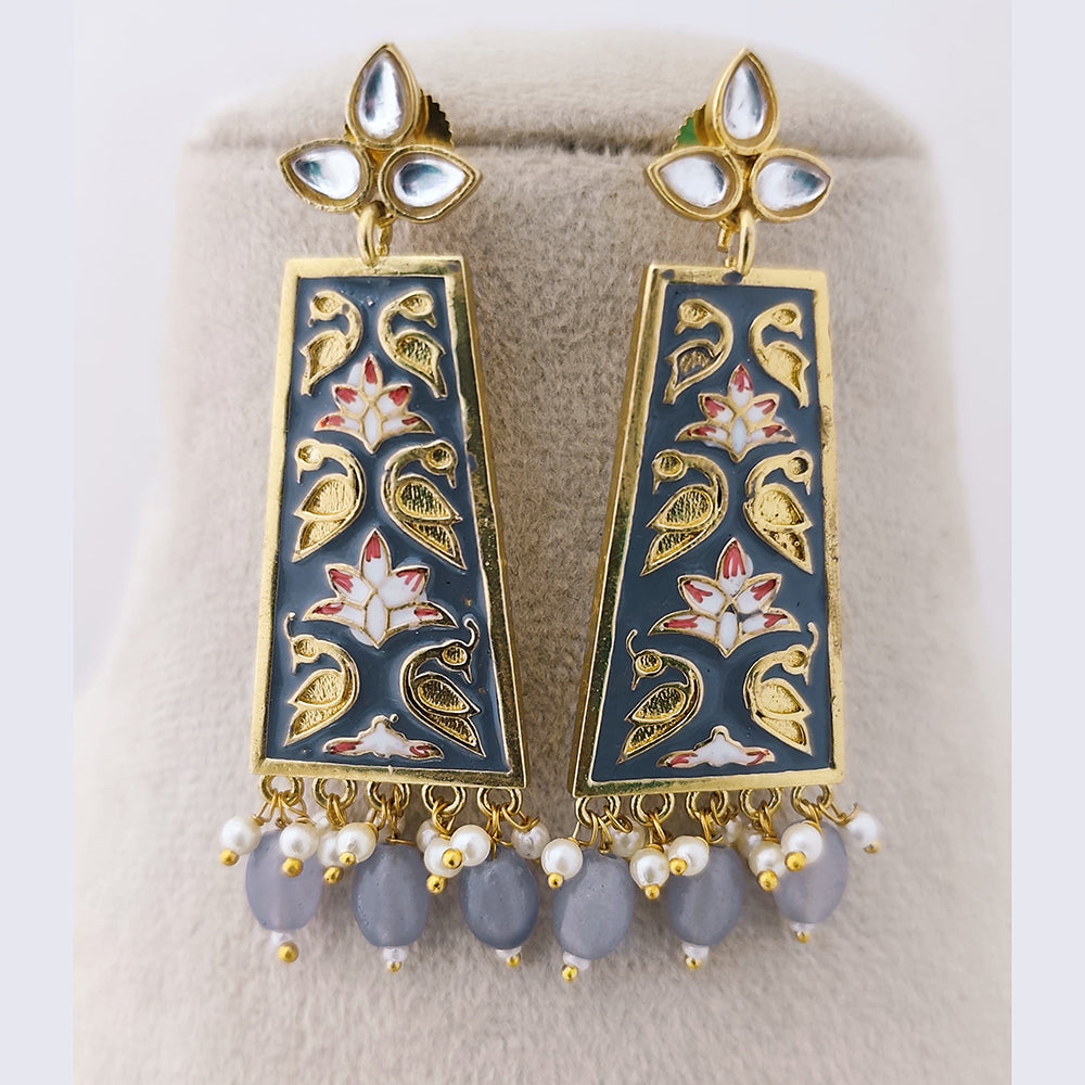 Marudhar Creations Royal Gold Matte Finish Kundan Stone And Pearl Meenakari Dangler Earrings