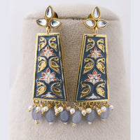 Marudhar Creations Royal Gold Matte Finish Kundan Stone And Pearl Meenakari Dangler Earrings