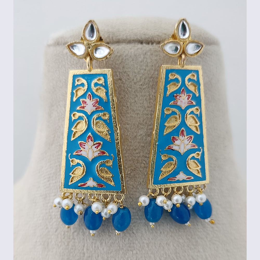 Marudhar Creations Royal Gold Matte Finish Kundan Stone And Pearl Meenakari Dangler Earrings