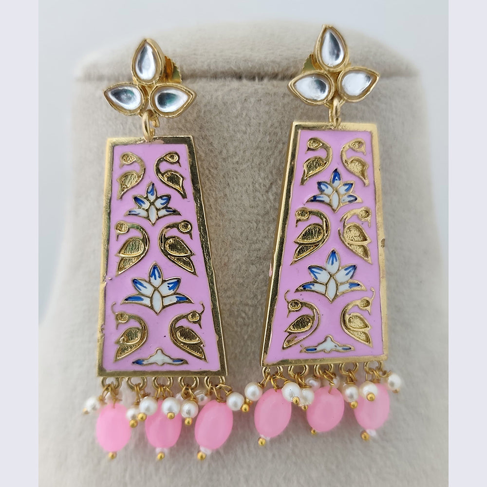 Marudhar Creations Royal Gold Matte Finish Kundan Stone And Pearl Meenakari Dangler Earrings