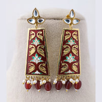 Marudhar Creations Royal Gold Matte Finish Kundan Stone And Pearl Meenakari Dangler Earrings