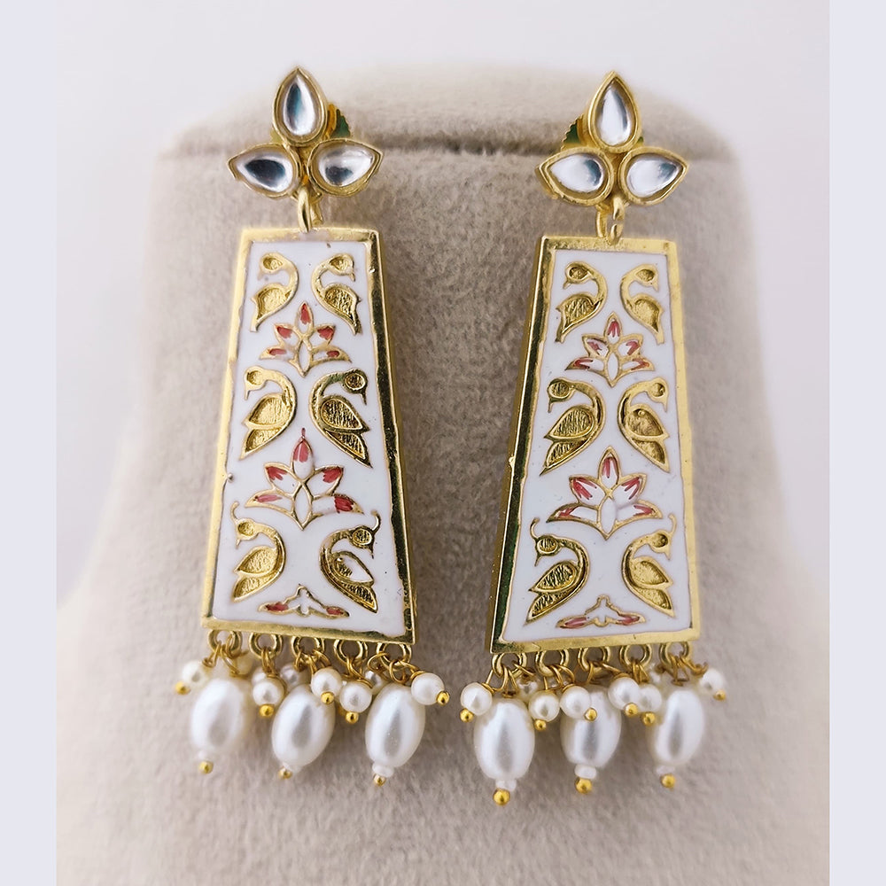 Marudhar Creations Royal Gold Matte Finish Kundan Stone And Pearl Meenakari Dangler Earrings
