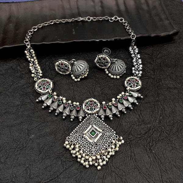 Deep Jewell Oxidised Plated Crystal Stone Necklace Set