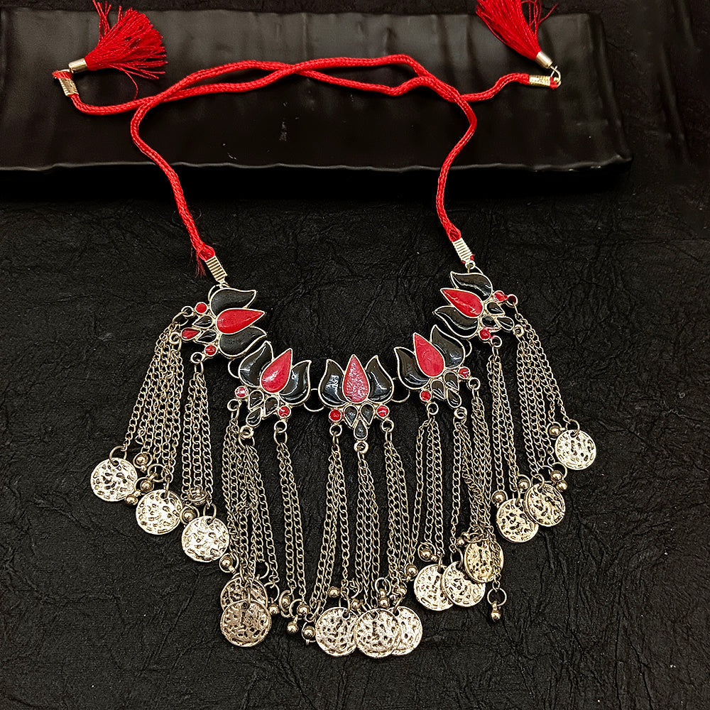 Deep Jewell Oxidised Plated Afghani Coin Meenakari Necklace