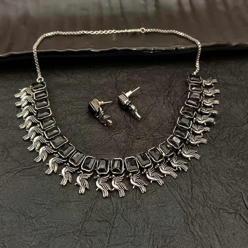 Deep Jewell Oxidised Plated Crystal Stone Sparrow Necklace Set