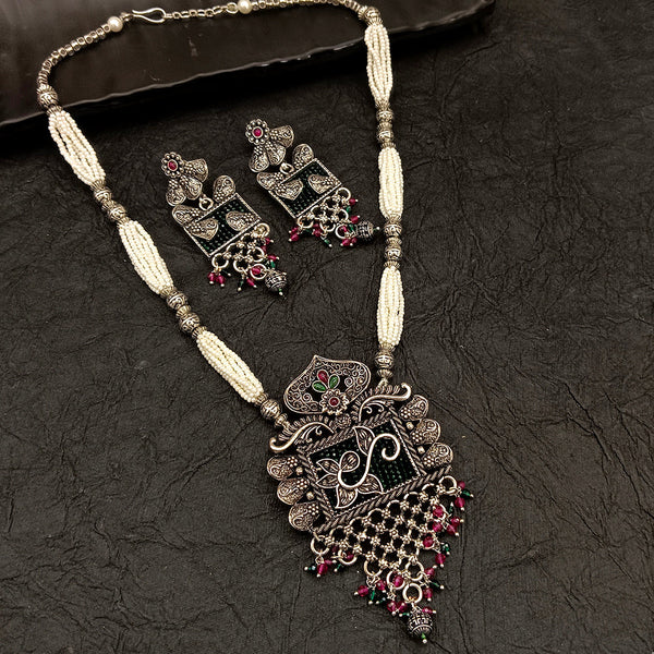 Deep Jewell Oxidised Plated Kundan And Pearl Long Necklace Set