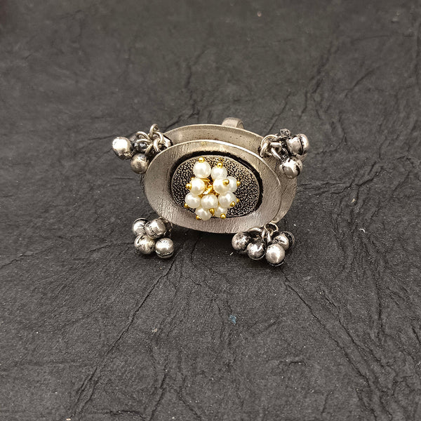 Deep Jewell Oxidised Plated Pearls  Adjustable Ring