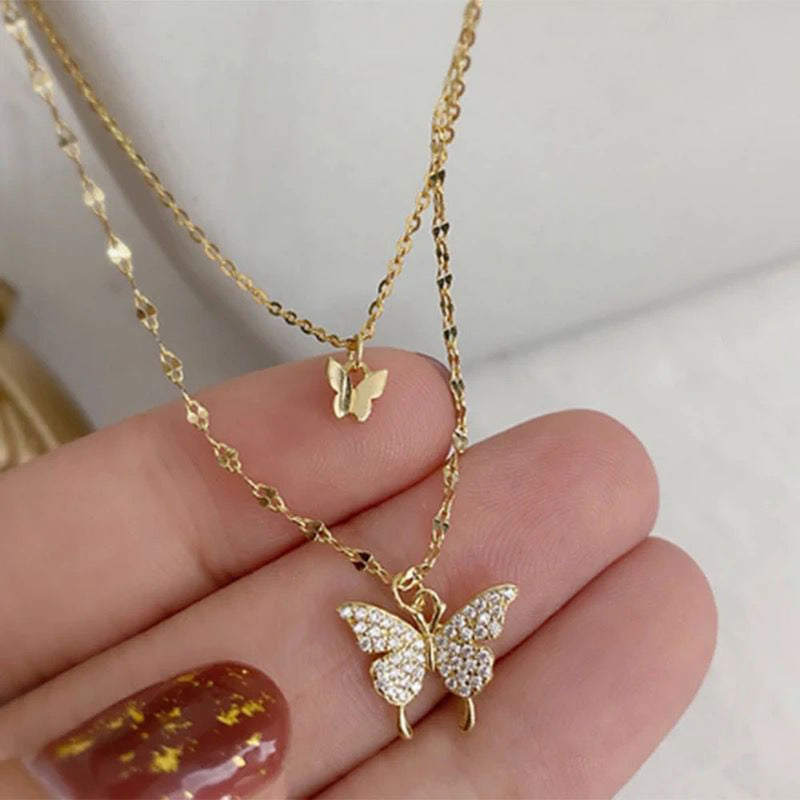 Glam Jewellery Electroplated Rhinestone Studded Butterfly Duo Chain Pendant