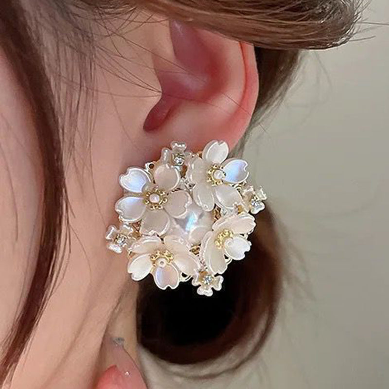 Glam Jewellery Gold Electroplated Silver Needle Camellian Pearl Studded Floral Cluster Oversized Stud Earrings