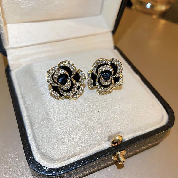 Glam Jewellery Gold Electroplated Zircon Studded Camellia Luxury Retro Punk Style Diamond Rose Earrings