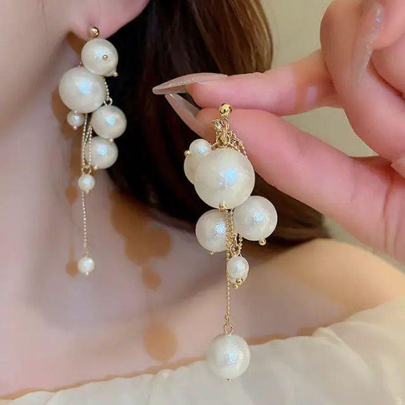 Glam Jewellery Gold Electroplated Rhinestone Studded Retro Bouncelles Pearl Tassel Long Earrings