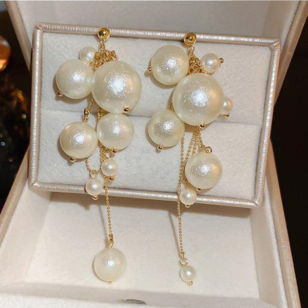 Glam Jewellery Gold Electroplated Rhinestone Studded Retro Bouncelles Pearl Tassel Long Earrings