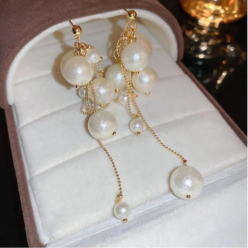 Glam Jewellery Gold Electroplated Rhinestone Studded Retro Bouncelles Pearl Tassel Long Earrings