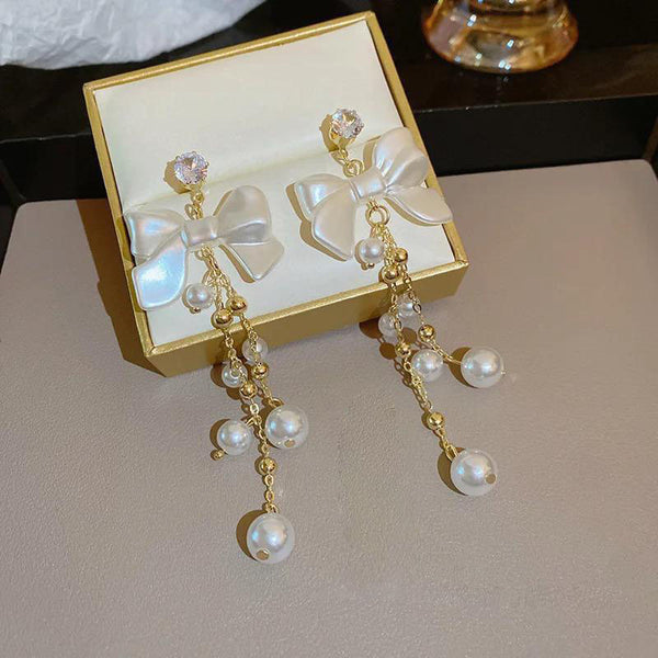 Glam Jewellery Gold Electroplated Rhinestone Studded Retro Bow Pearl Tassel Long Earrings