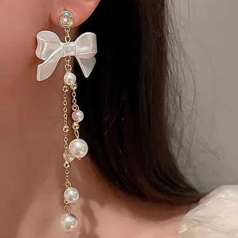 Glam Jewellery Gold Electroplated Rhinestone Studded Retro Bow Pearl Tassel Long Earrings