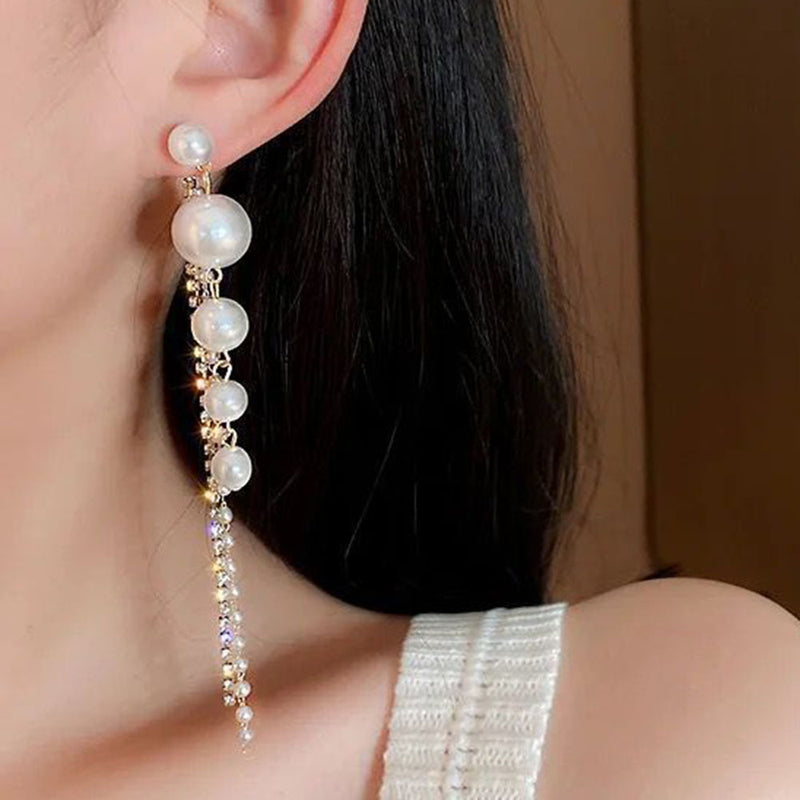 Glam Jewellery Gold Electroplated Rhinestone Studded Pearl Drop Duo Chain Earrings