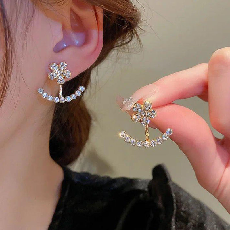 Glam Jewellery Gold Electroplated Rhinestone Studded Floral Duo Wear Earrings