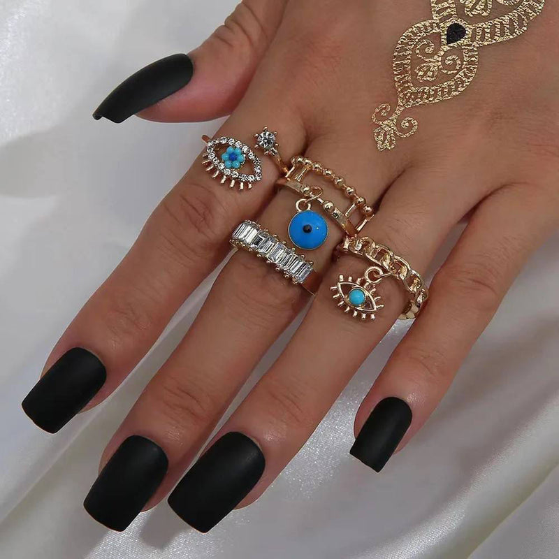 Glam Jewellery Gold Electroplated Rhinestone Studded Evil Eye Nazariye Drop Charm Stacked Rings