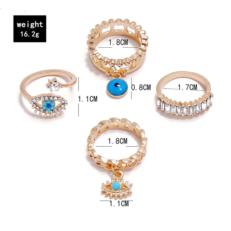 Glam Jewellery Gold Electroplated Rhinestone Studded Evil Eye Nazariye Drop Charm Stacked Rings