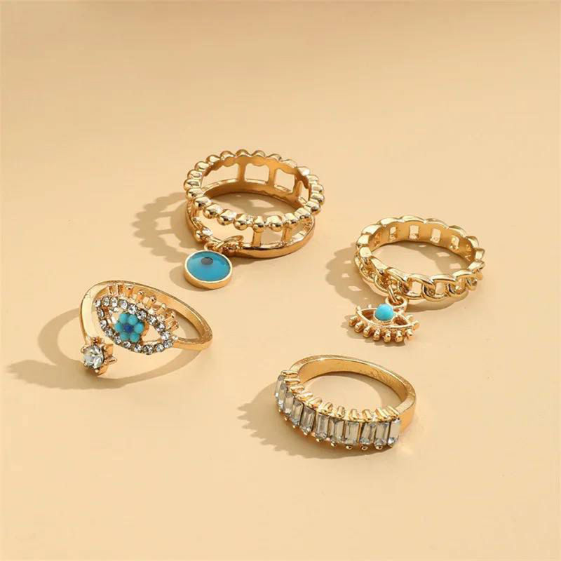 Glam Jewellery Gold Electroplated Rhinestone Studded Evil Eye Nazariye Drop Charm Stacked Rings