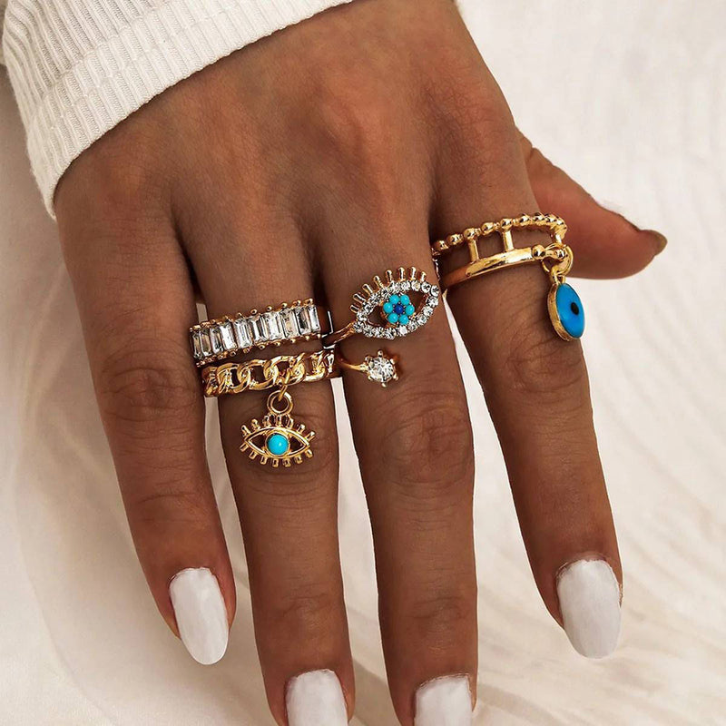 Glam Jewellery Gold Electroplated Rhinestone Studded Evil Eye Nazariye Drop Charm Stacked Rings