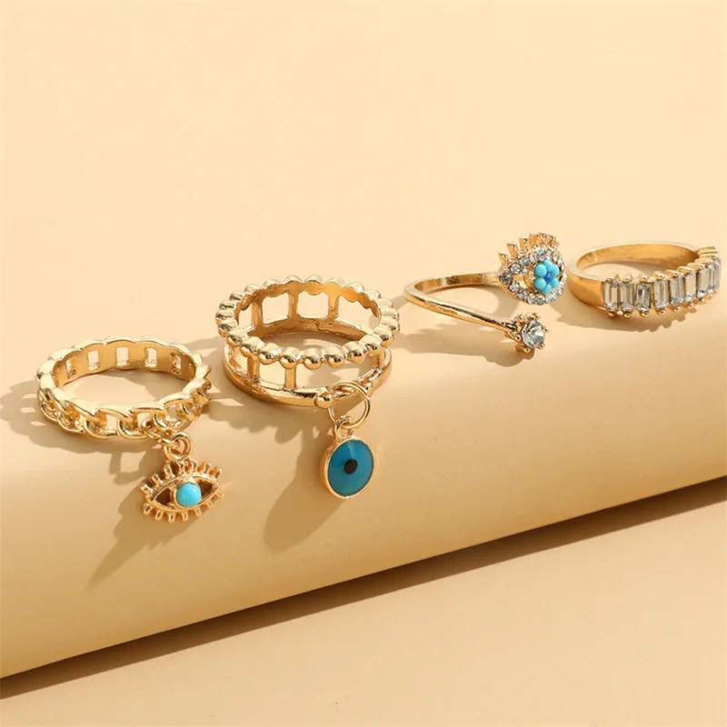 Glam Jewellery Gold Electroplated Rhinestone Studded Evil Eye Nazariye Drop Charm Stacked Rings