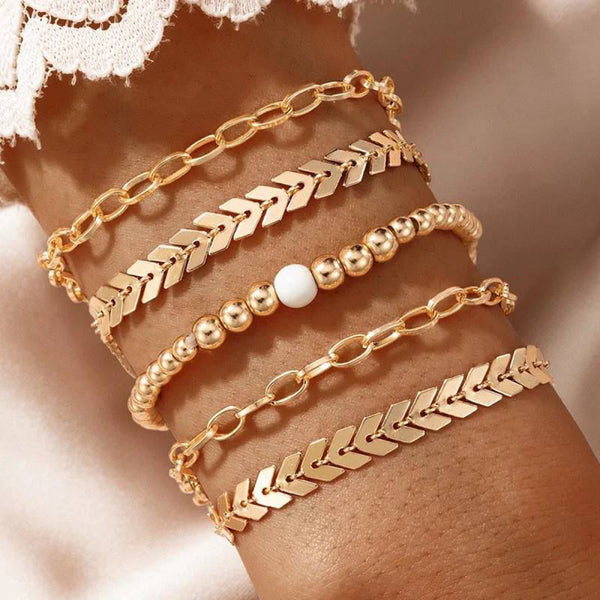 Glam Jewellery Rose Gold Plated Bohemian Leaf Alloy Made Simple Charm Beads Chain Bracelet Set Of 5Pcs
