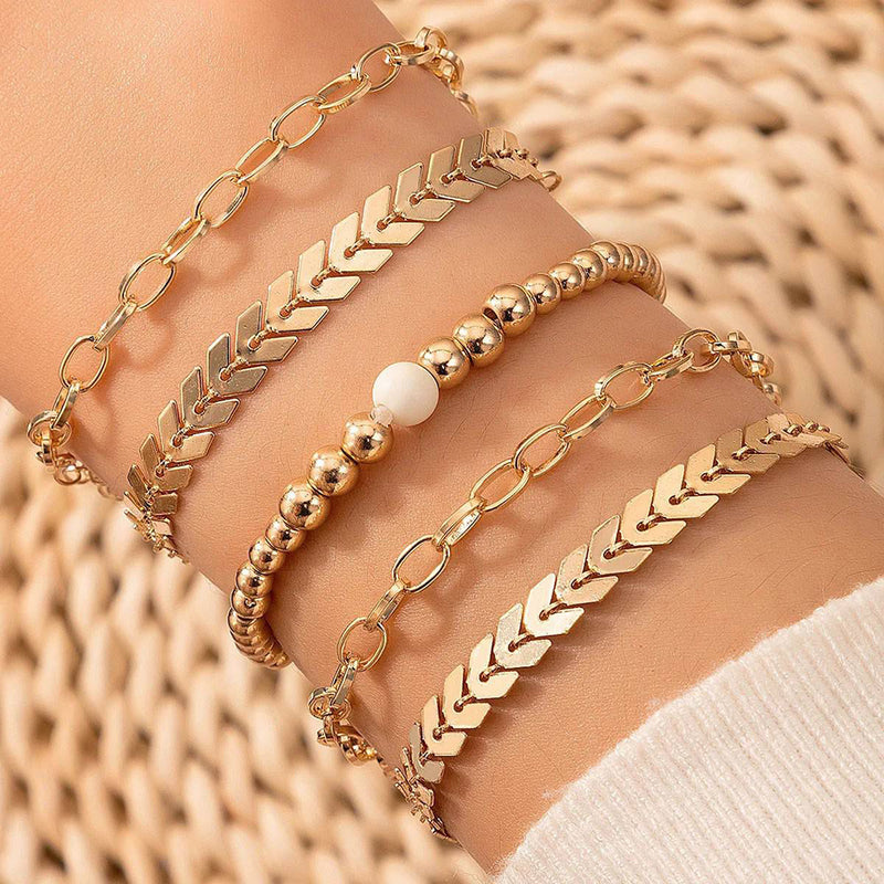 Glam Jewellery Rose Gold Plated Bohemian Leaf Alloy Made Simple Charm Beads Chain Bracelet Set Of 5Pcs