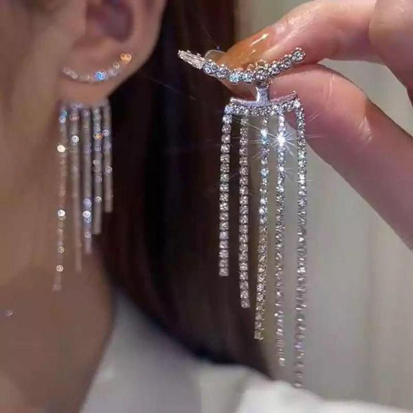 Glam Jewellery Silver Needle Rginestone Studded Long Tassel Drop Earrings