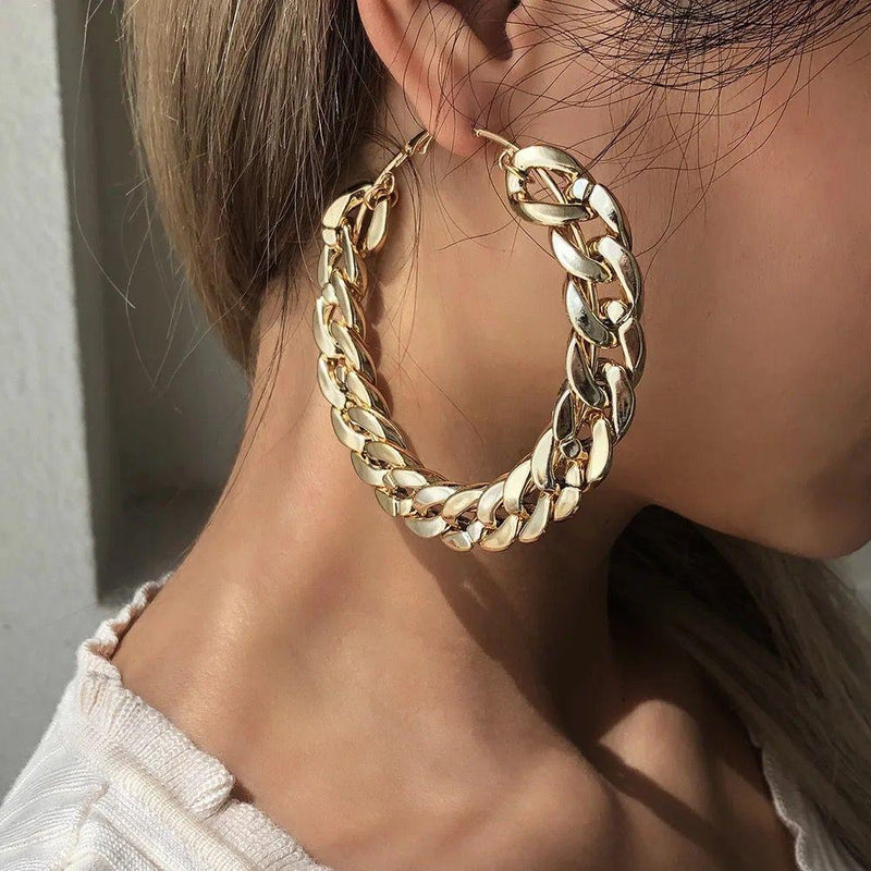 Glam Jewellery Gold Plated Metal Look Chain Oversized Hoop Earrings