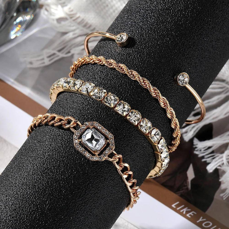 Glam Jewellery 4Pcs Set Geometric Twist Tennis Chain Cuff Bracelet Stack