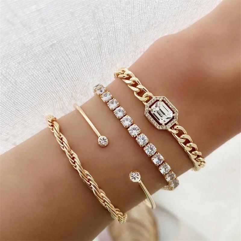 Glam Jewellery 4Pcs Set Geometric Twist Tennis Chain Cuff Bracelet Stack