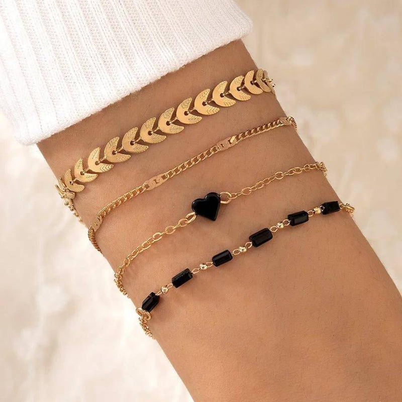 Glam Jewellery 4 Pcs Set Bohemian Style Black Stone Chain Link Stacked Bracelet