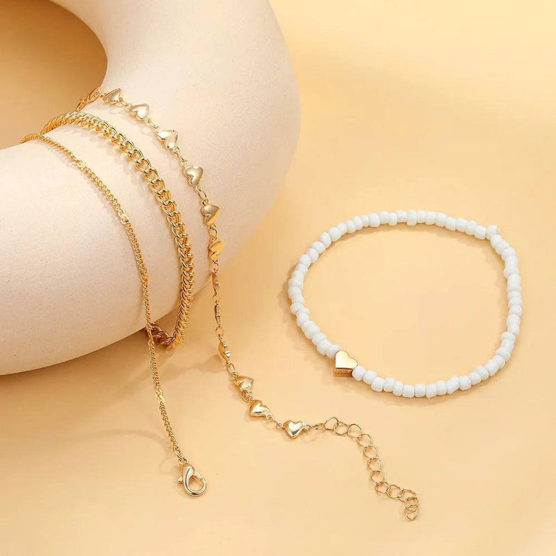 Glam Jewellery Gold Plated Bohemian Heart Shaped Linked Chain Anklet Stack