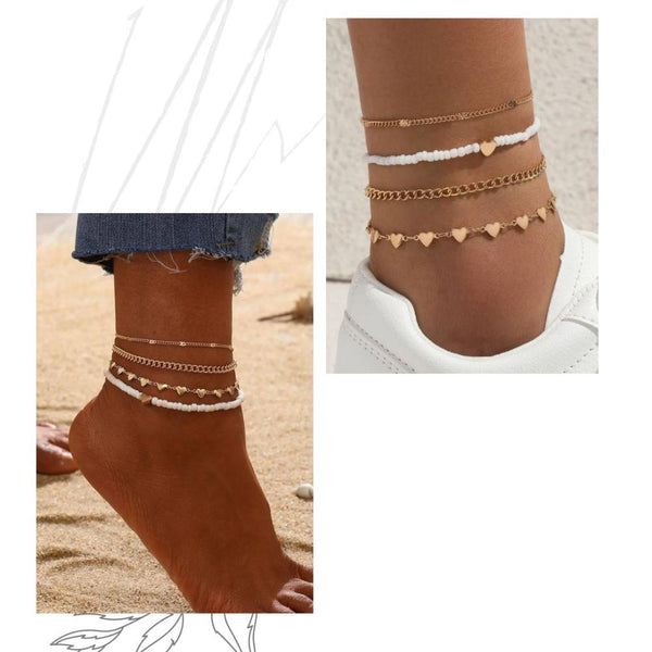 Glam Jewellery Gold Plated Bohemian Heart Shaped Linked Chain Anklet Stack