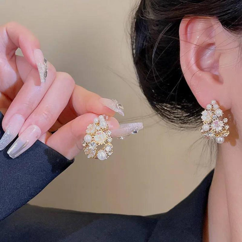 Glam Jewellery Gold Electroplated Rhinestone Studded Vintage Palace Pearl Style Camellian Stud Earrings