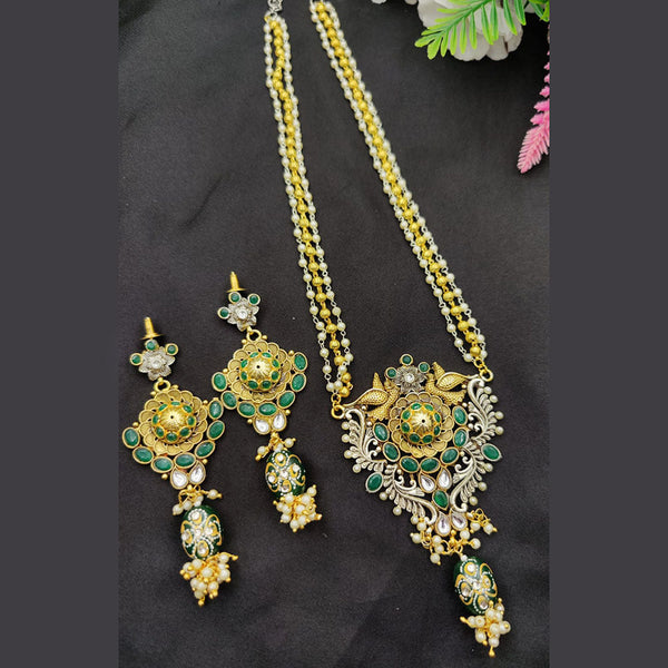 Fancyla 2 Tone Plated Kundan Stone And Pearls Long Necklace Set