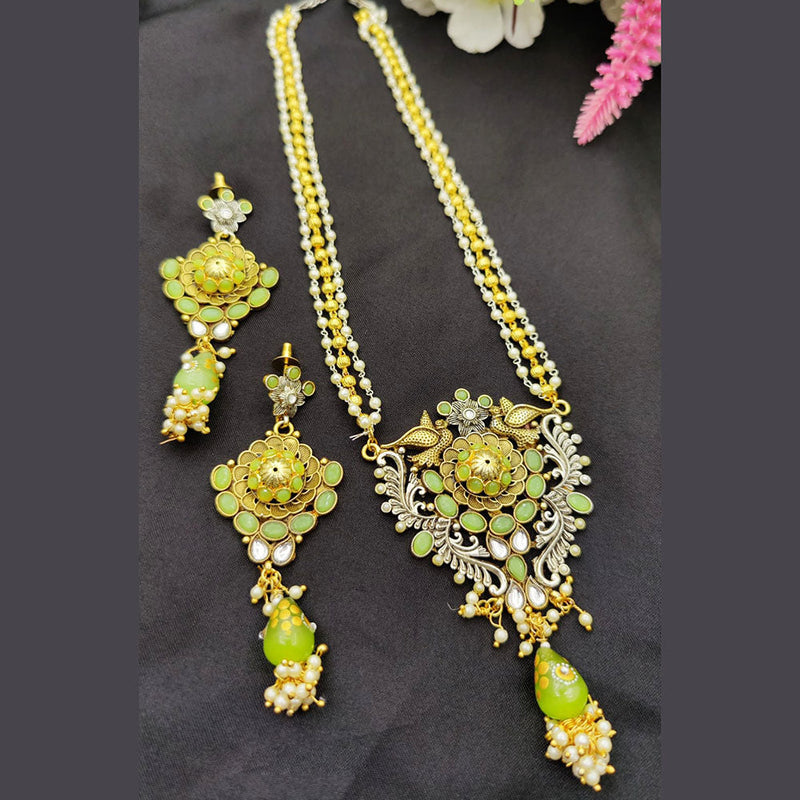 Fancyla 2 Tone Plated Kundan Stone And Pearls Long Necklace Set