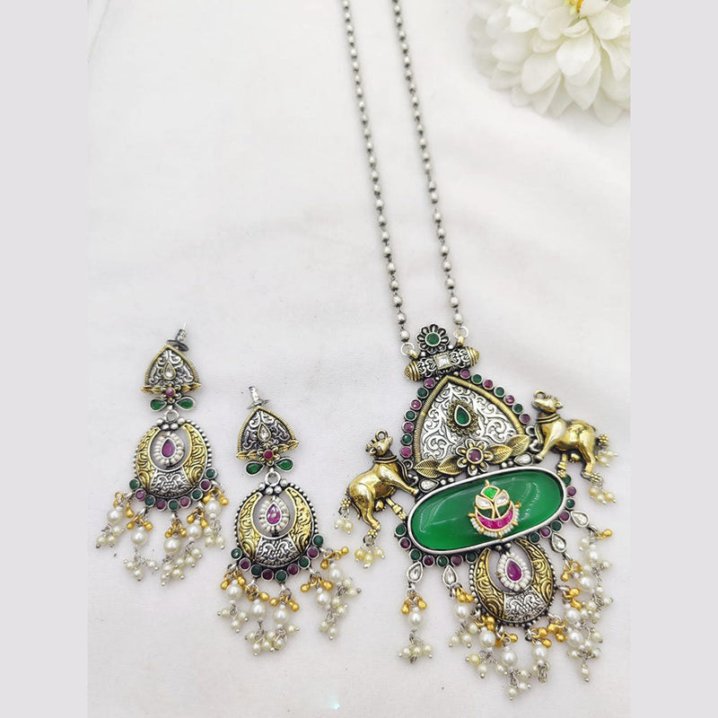 Fancyla 2 Tone Plated Kundan Stone And Pearls Long Necklace Set