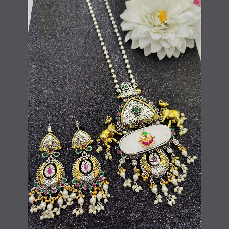 Fancyla 2 Tone Plated Kundan Stone And Pearls Long Necklace Set