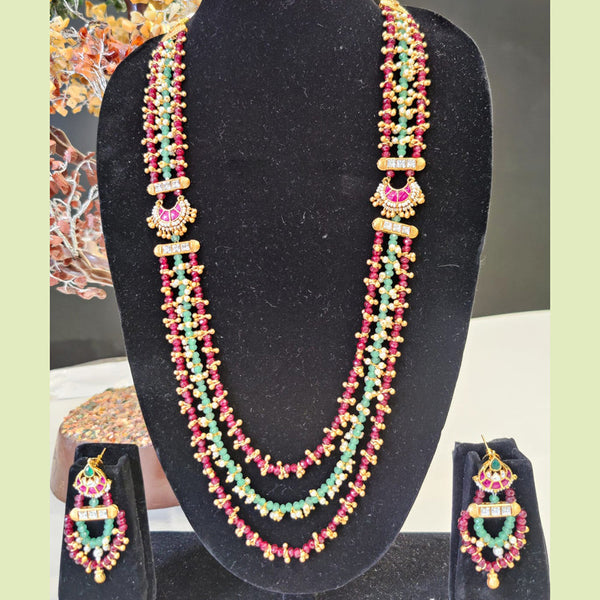 Fancyla Gold Plated Crystal Stone And Pearls Multi Layer Long Necklace Set