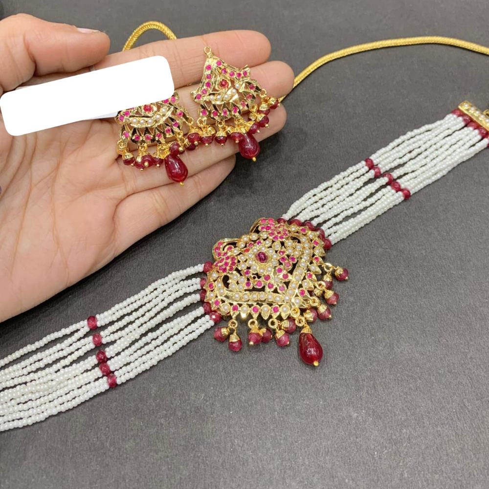 Everlasting Jadau Pearl and Pota Stone Choker Necklace Set