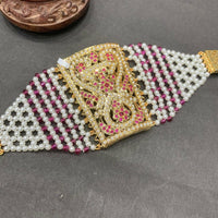 Everlasting Jadau Gold Plated Austrian Stone And Pearl Hand Dasti / Bracelet